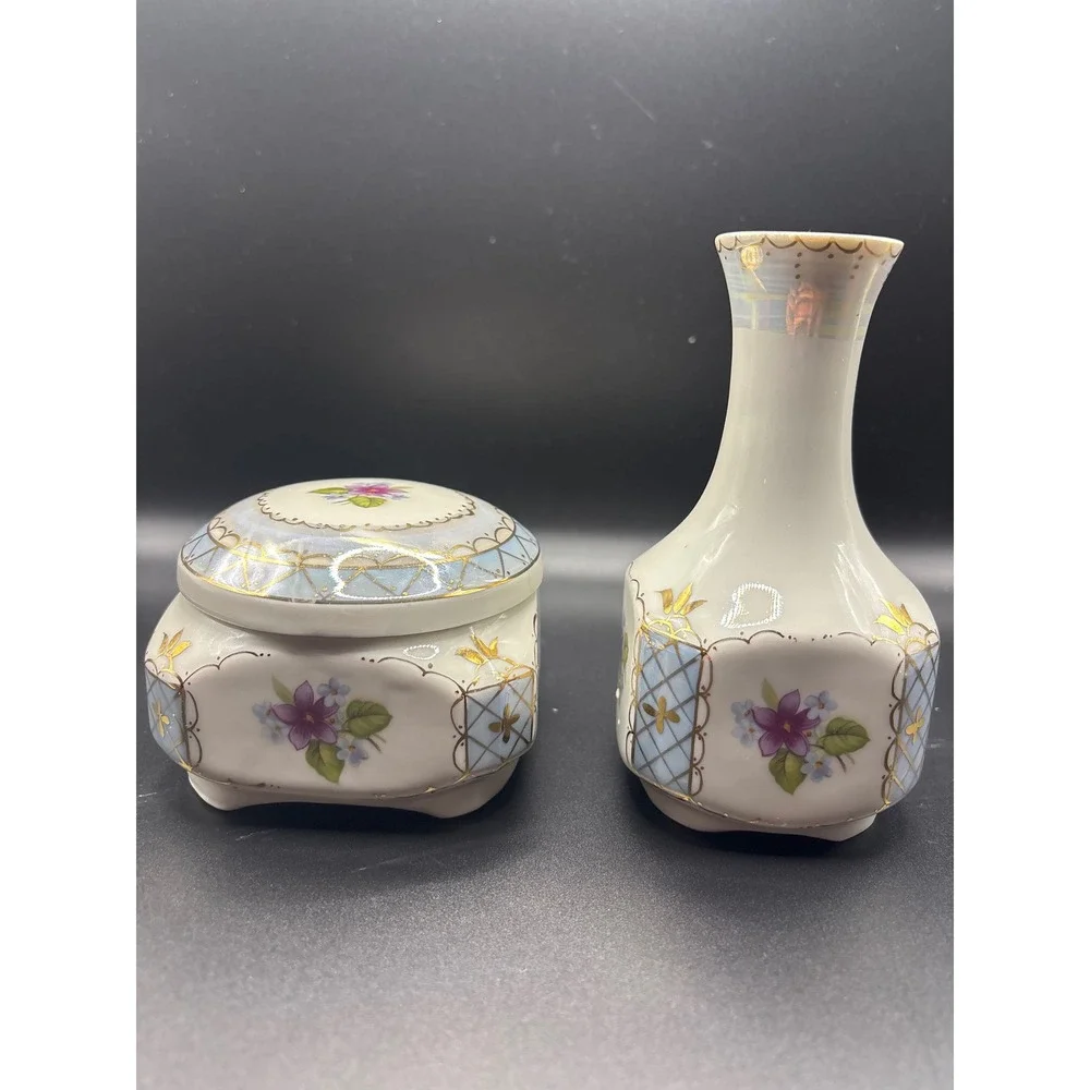VTG Soviet Era Porcelain Trinket Box and Bud Vase Set Floral Gold Gilt Luster